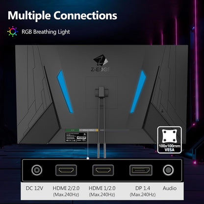 Z-Edge Gaming Monitor 24.5'', 240Hz, 1ms, FreeSync, FHD(1920x1080), PC Display with Ultra-Thin Bezel, 5000:1, 2*HDMI2.0 &DP1.4, Adjustable Tilt, VA, RGB Light, VESA 100*100mm(DP Cable Included)