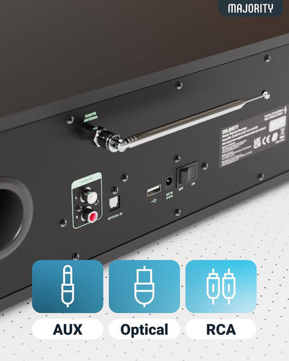 Internetradio met WLAN en CD-speler | Stereo-installatie met Bluetooth en DAB+ & FM radio | 120W 2.1 stereoluidspreker met ingebouwde subwoofer | Keukenradio met Spotify Connect & podcasts | Majority