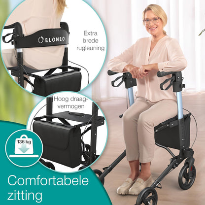 ELONEO Lichtgewicht Rollator met Zitje - Opvouwbare Aluminium Rollator voor Senioren, 8 Verstelbare Hoogtes, 3-voudig Opvouwbaar Loophulpmiddel met Tas & Parapluhouder, Past in Auto (Zwart)