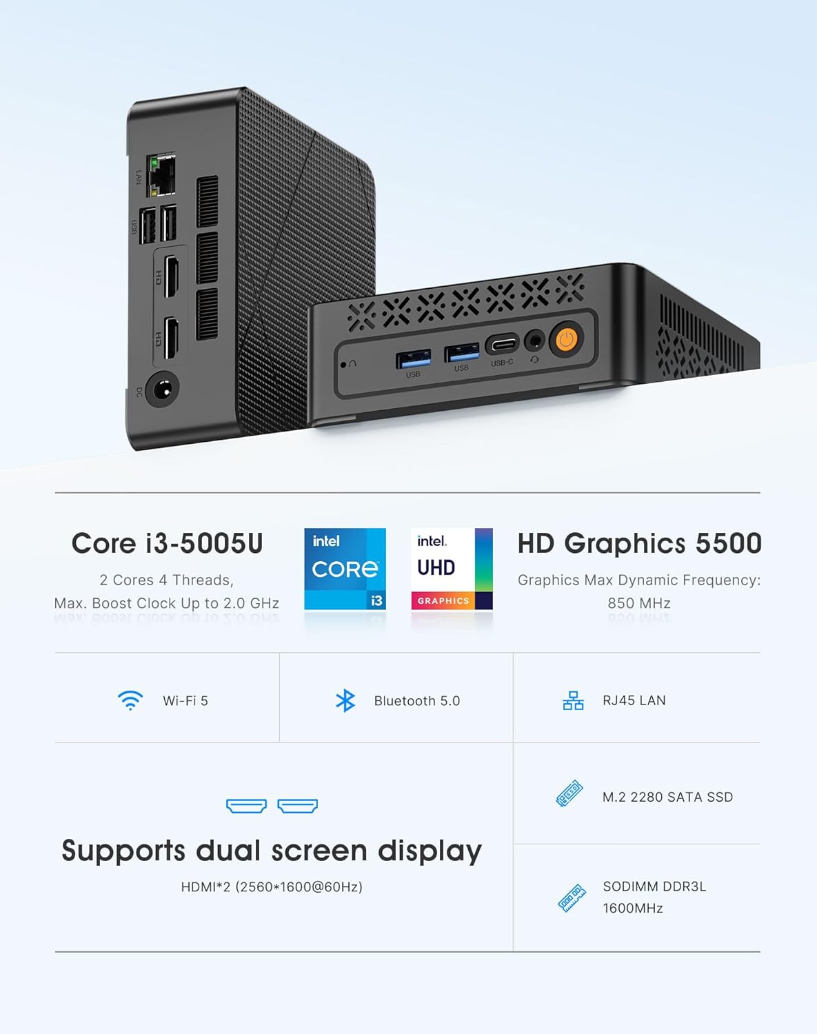 C3 Mini PC Core i3 5005U (tot 2,0 GHz, 2C/4T), 8 GB DDR3 RAM 512 GB SSD, Dual Display/W10 Pro/WiFi 5/BT5.0/RJ45 LAN, Desktop PC voor Kantoor/Huis/Onderwijs
