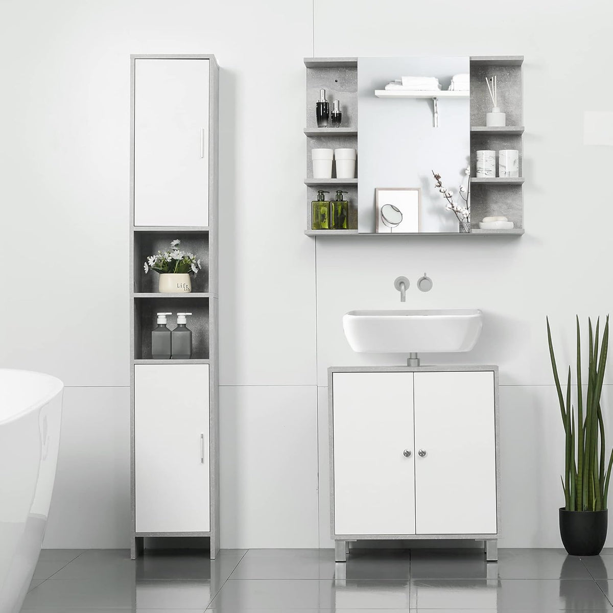 kleankin Bathroom Cabinet High Cabinet Bathroom Cabinet Multifunctional Cabinet with 6 Compartments 2 Doors Chipboard White 30 x 30 x 180 cm - QUORE