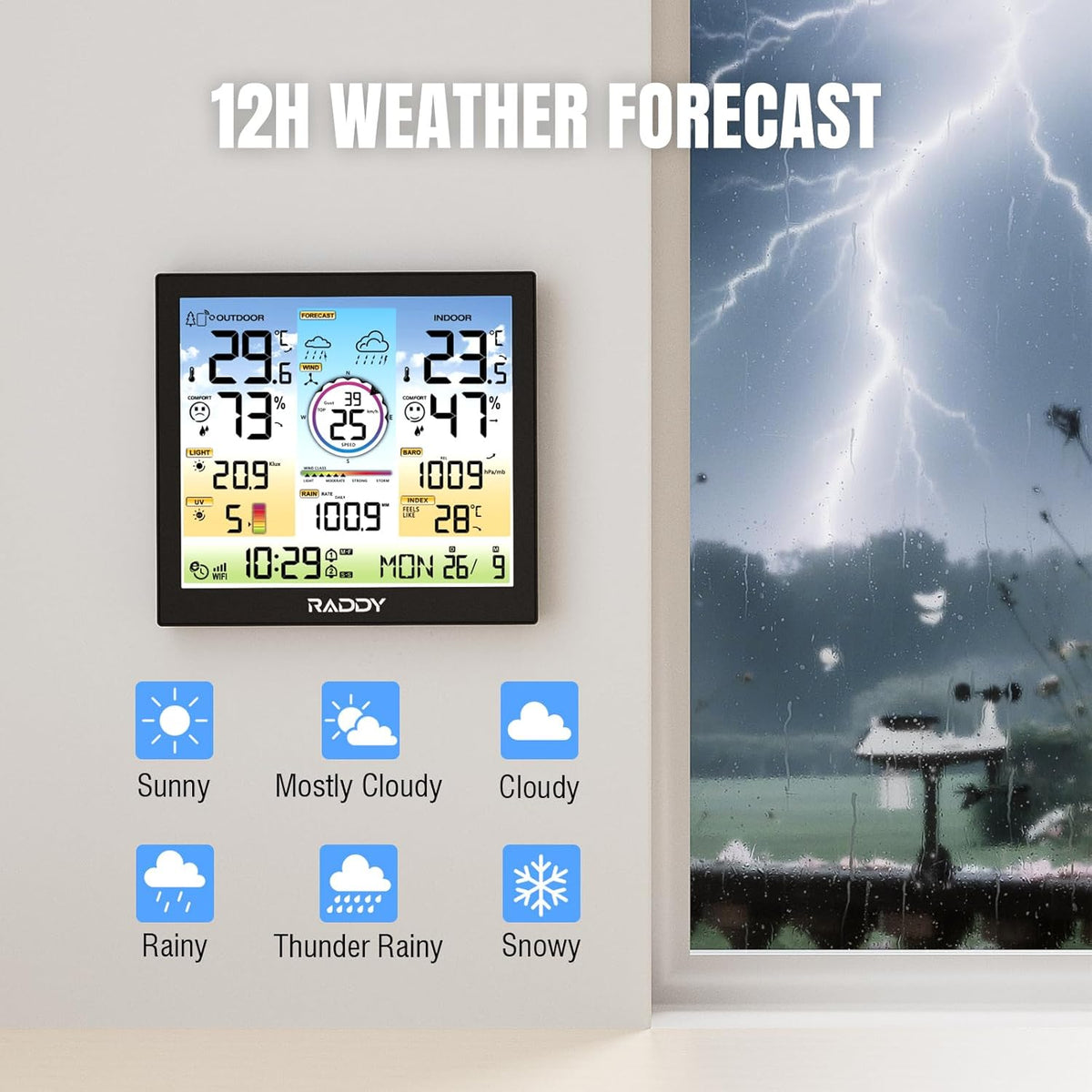 Raddy WF-120C Professioneel draadloos WiFi-weerstation, temperatuur- en vochtigheidsmeter voor binnen en buiten met 7-in-1 buitensensor, regenmeter, windsnelheid, weersvoorspelling, UV- en lichtindex