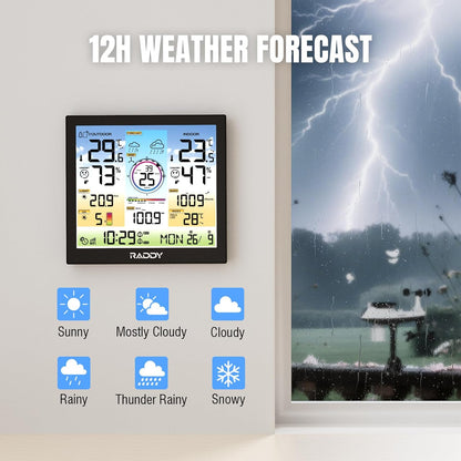 Raddy WF-120C Professioneel draadloos WiFi-weerstation, temperatuur- en vochtigheidsmeter voor binnen en buiten met 7-in-1 buitensensor, regenmeter, windsnelheid, weersvoorspelling, UV- en lichtindex