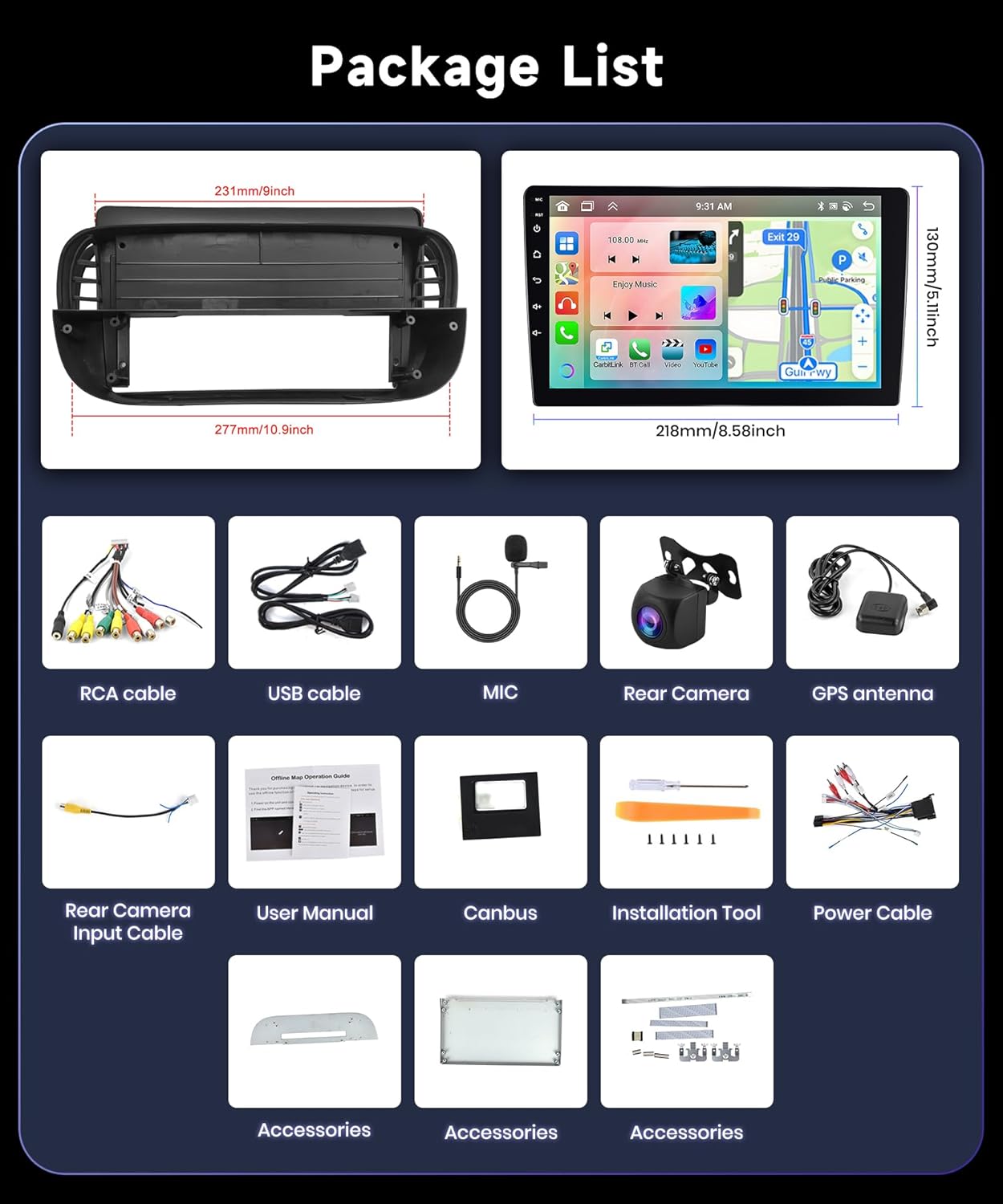 【2G+64G】 9''Autoradio Bluetooth Voor FIAT 500 2007-2015 Carplay Android Auto Draadloos,8-Core,Podofo Android Radio 2 din met scherm 1280 * 720 GPS Navi HiFi/RDS/FM DSP AHD Achteruitrijcamera