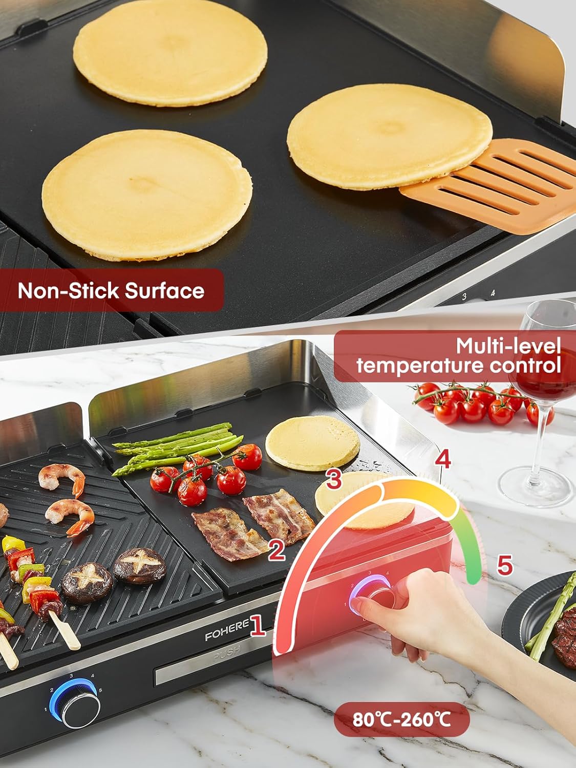 FOHERE Elektrische grill, 2400 W, tafelgrill met 2 gescheiden regelbare grillplaten (glad en geribbeld), duo-grillsysteem, 5-traps temperatuurregeling (zwart)