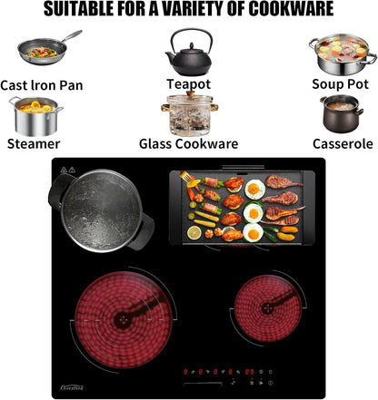 COVERCOOK Keramische kookplaat, ingebouwde 4-zone elektrische kookplaat 60 cm, keramische kookplaat, 6700W, dubbele ovale zone, drievoudige dubbele ringfunctie, timer, veiligheidsslot, geen stekker