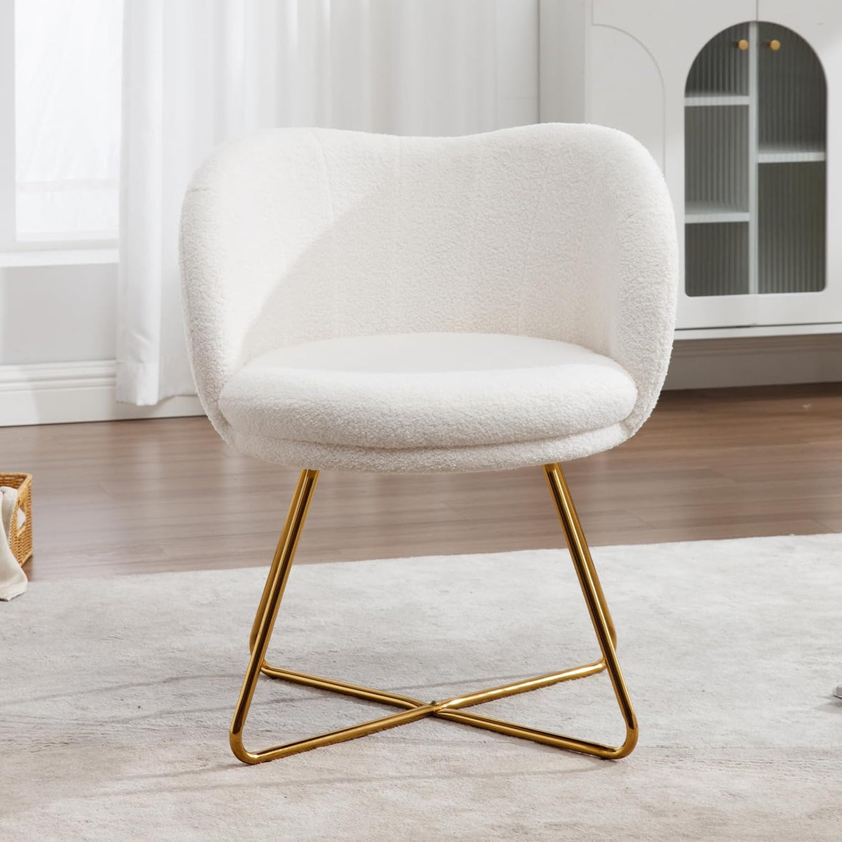chairus Imitatiebont Fauteuil Gestoffeerde Gelegenheids Accent Stoel met Goudkleurige Metalen Poten Cocktailstoel voor Woonkamer Balkon/Kaptafel, Wit