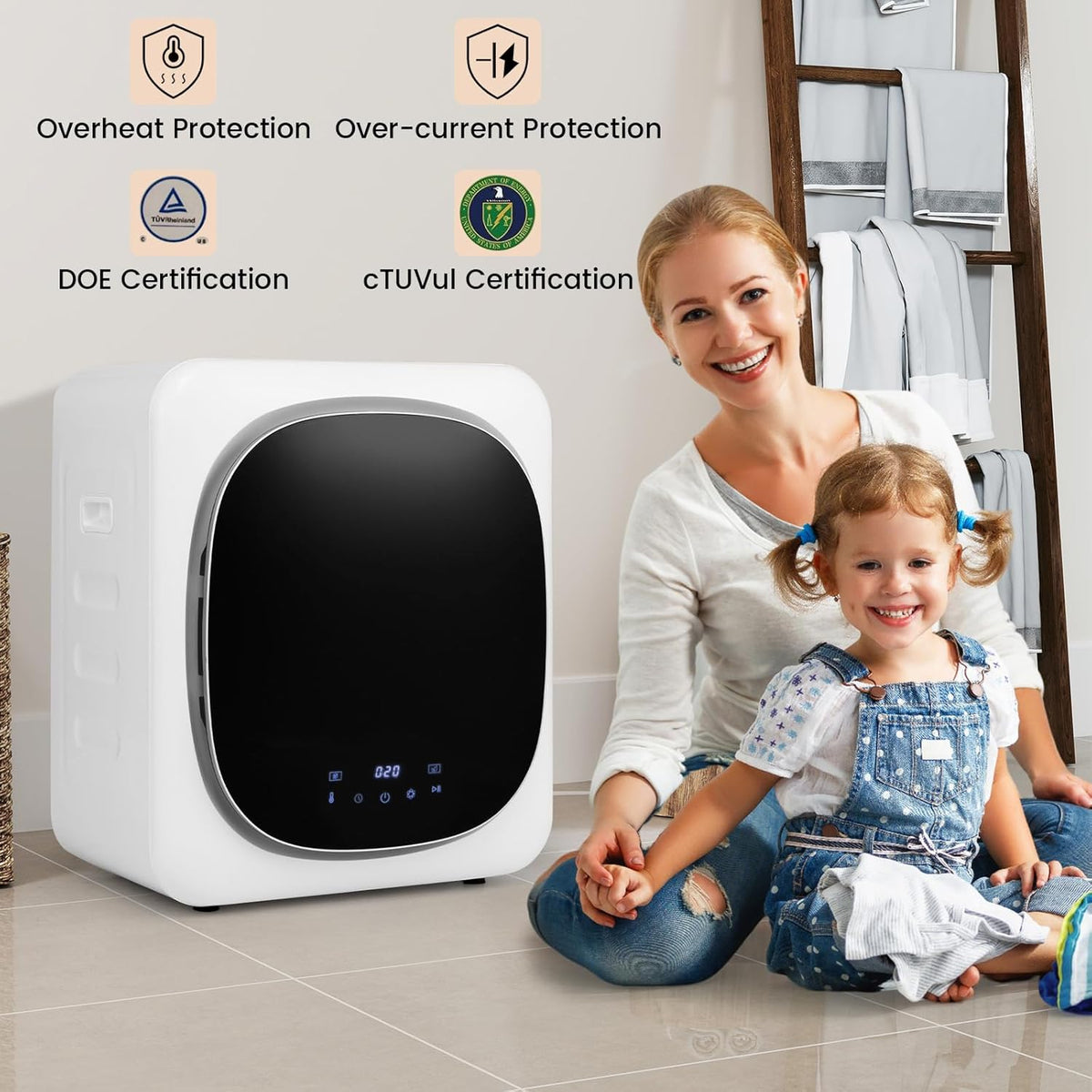 FANTASK Mini-wasdroger, 800 W, met desinfectie, ontgeuring en oververhittingsbeveiliging, afvoerdroger tot 69 °C, led-touchscreen, meervoudige filtratie, 4 temperaturen en 6 timers