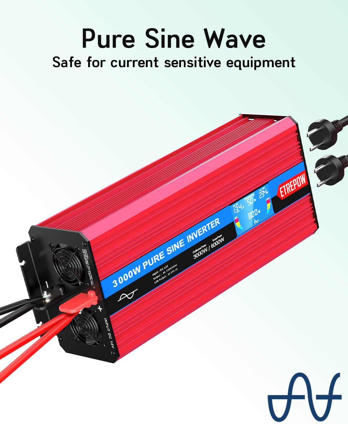 Omvormer 12v naar 230v Zuivere Sinus 3000W Spanningsomvormer met 2 EU Stopcontacten, USB-interface, LCD-Display,Draadloze Afstandsbediening