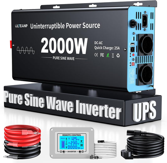 2000 W omvormer, 12 V naar 230 V, zuivere sinus, spanningsomvormer met netprioriteitsschakeling, laadfunctie en UPS functie, afstandsbediening met lcd-scherm, automatische omschakeling voor - QUORE