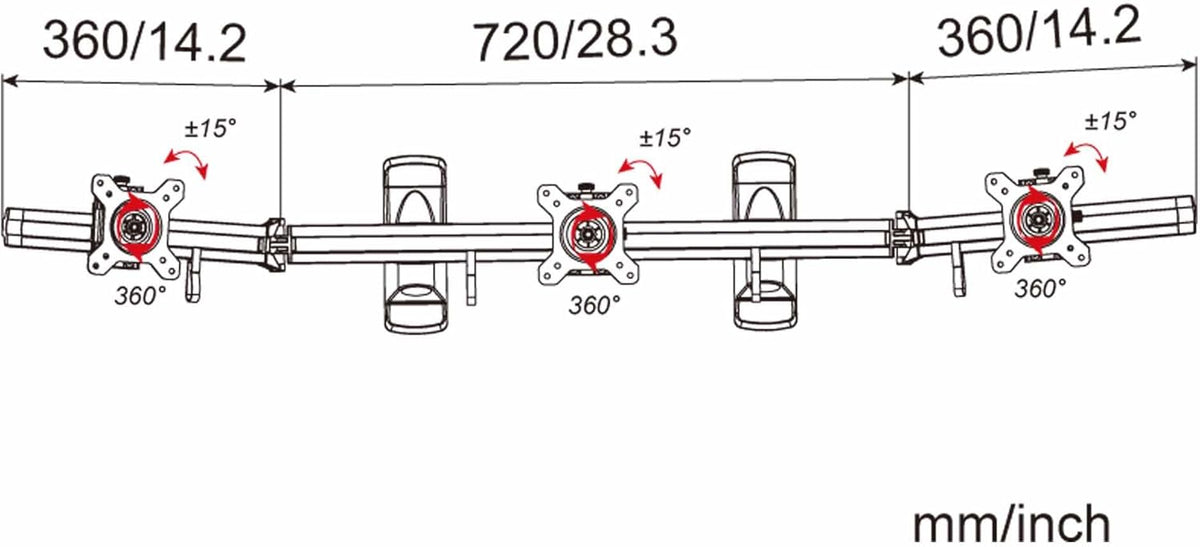 Drievoudige Monitorwandhouder – Monitorarm – Monitorhouder – Beeldschermhouder – Schermbeugel – Voor 3 Monitoren 15-27 Inch – VESA 75/100, 360° Draaibaar