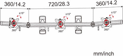 Drievoudige Monitorwandhouder – Monitorarm – Monitorhouder – Beeldschermhouder – Schermbeugel – Voor 3 Monitoren 15-27 Inch – VESA 75/100, 360° Draaibaar