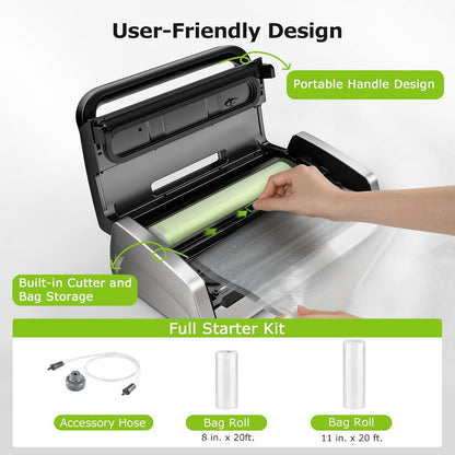 Bonsenkitchen Vacuümmachine, 15 l/min hoge prestaties, testwinnaar zeer goed, duurzaamheidscertificering, design met handgreep vergrendeling en geïntegreerde snijder, incl. 2 rollen vacuümrollen