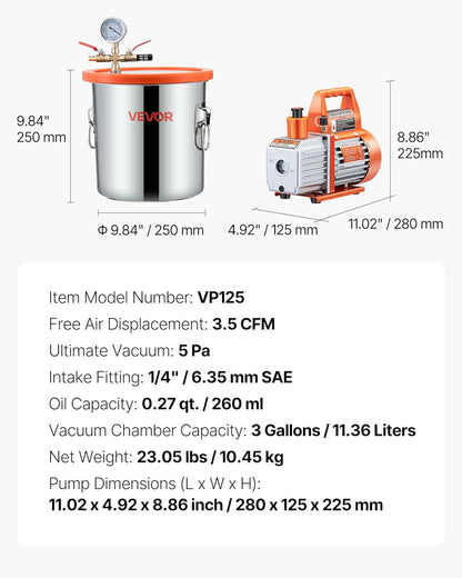 Vacuümpompset – Vacuümpomp – Ontgassingsset – Vacuümkamer – Vacuümreiniger – 11,36 L Roestvrijstalen Kamer – 110 L/min Zuigkracht