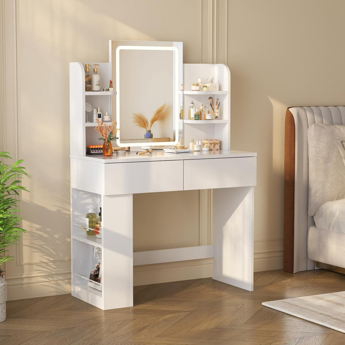 Devoko Dressing Table with Mirror and Lighting,Adjustable Brightness,Makeup Table with 2 Drawers, 4 Shelves, Modern Makeup Desk for Bedroom and Dressing Room, 90 x 40cm (White) - QUORE