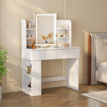 Devoko Dressing Table with Mirror and Lighting,Adjustable Brightness,Makeup Table with 2 Drawers, 4 Shelves, Modern Makeup Desk for Bedroom and Dressing Room, 90 x 40cm (White) - QUORE