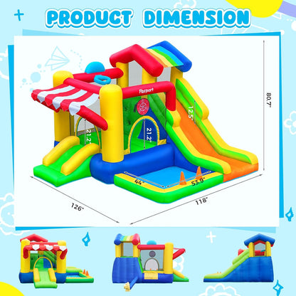 FBSPORT Opblaasbaar slot voor kinderen met dubbele glijbaan, trampoline, ballenbad, balwerper, klimwand en basketbalmand, voor binnen en buiten, 322 x 305 x 208 cm
