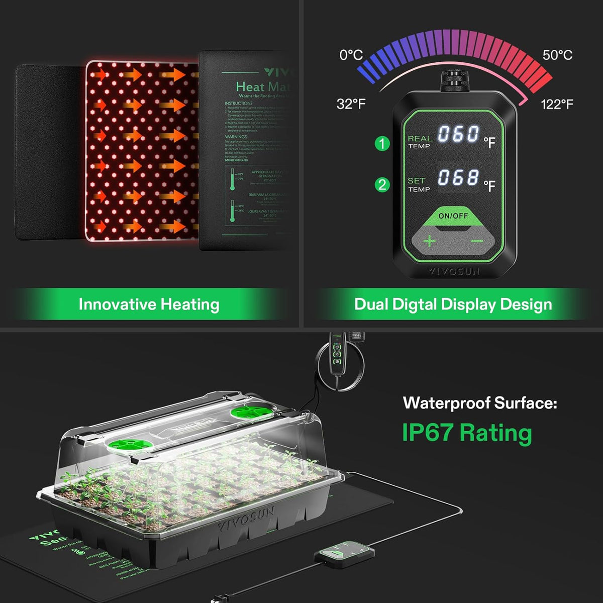 VIVOSUN 1 Pack 40-Cell Seed Starter Trays with 1 Set LED Lights and 10"x20.7" Seedling Heat Mat, 3.6 Inch Higher Coverage, Adjustable Vents, Drainage Holes, Green Grow Tray for It - QUORE