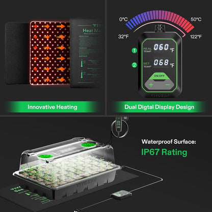 VIVOSUN 1 Pack 40-Cell Seed Starter Trays with 1 Set LED Lights and 10"x20.7" Seedling Heat Mat, 3.6 Inch Higher Coverage, Adjustable Vents, Drainage Holes, Green Grow Tray for It - QUORE