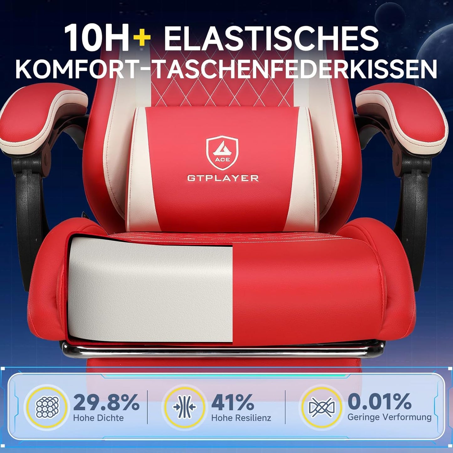 GTPLAYER Ergonomic Faux Leather Gaming Chair with Lumbar Support Computer Chair with Extended Backrest, Supports up to 150 kg, Red - QUORE