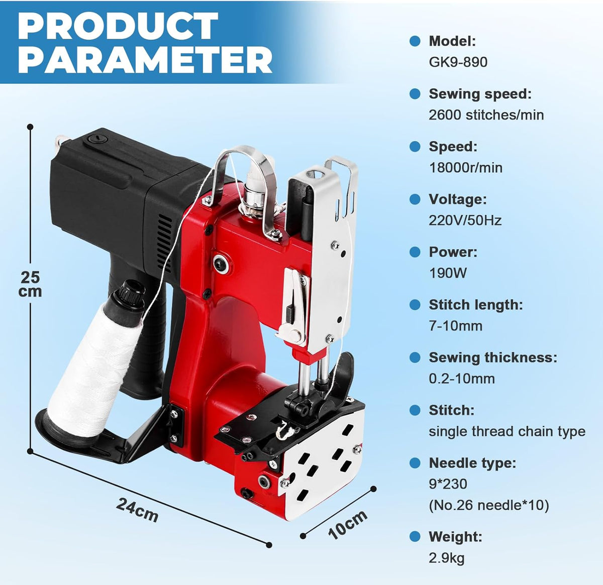 Draagbare Elektrische Zakken Sluitmachine Rood – Zak Stitcher Machine – Zak Dichter – Zakken Naaimachine – Tas Sluitmachine – 190 W Koperen Motor – Instelbare Steeklengte 7-10 mm