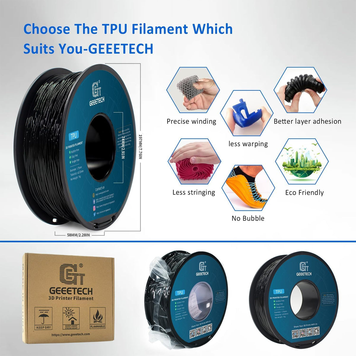 TPU-filament – Flexibel Filament – Elastisch 3D Filament – Rubberachtig Filament – UV-bestendig Filament – 6 kg (3x Zwart + 3x Wit) – 95A Hardheid – Diameter 1,75 mm
