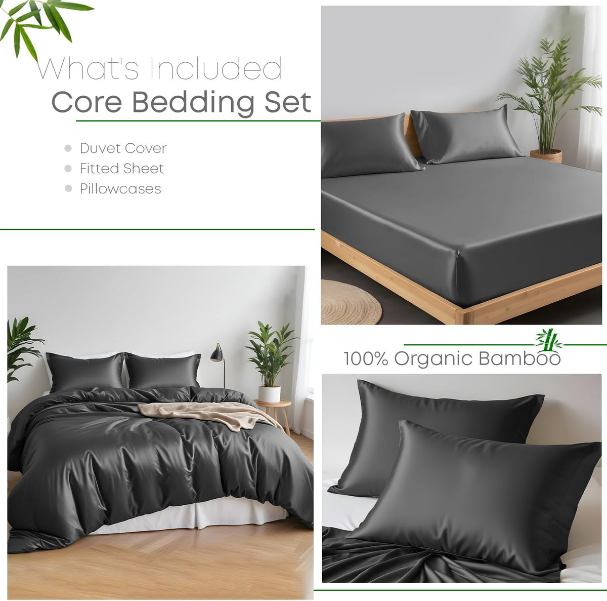 Linenwalas Beddengoedset van 100% bamboe, 4-delige set, zeer zacht, koel, perfect voor huisverzorging, 1 dekbedovertrek, 1 hoeslaken en 2 kussenslopen, kingsize, houtskoolgrijs