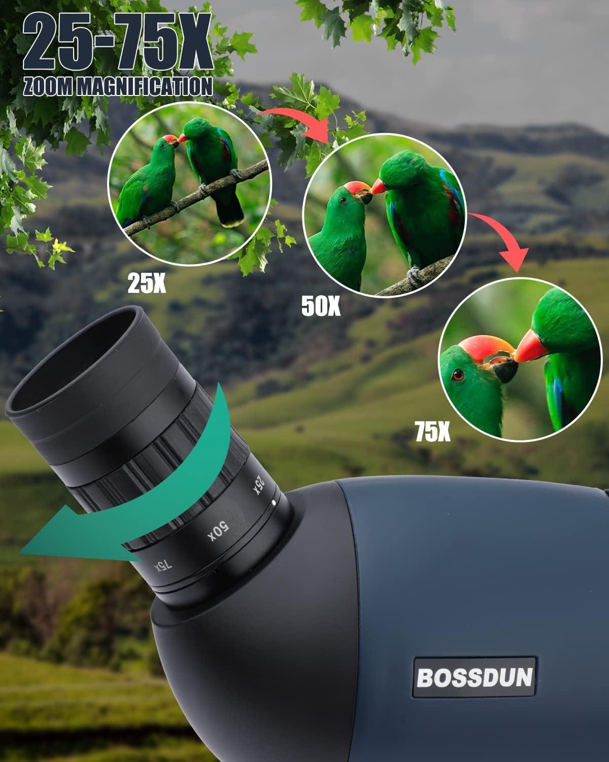 25-75x70 HD spotting scope sportschutters met statief- en smartphone-adapter, Zoom Bak4 Prism FMC lens 45 graden schuine telescoop voor vogelobservatie Wildlife Scenery jacht wilde dieren Stargazing
