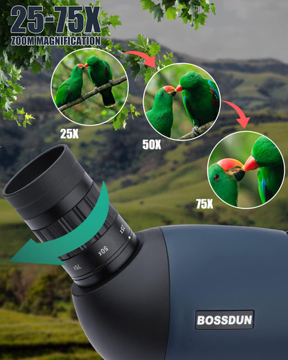 25-75x70 HD spotting scope sportschutters met statief- en smartphone-adapter, Zoom Bak4 Prism FMC lens 45 graden schuine telescoop voor vogelobservatie Wildlife Scenery jacht wilde dieren Stargazing