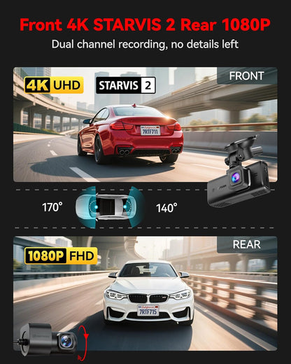 Dashcam Voor En Achter – Autocamera – Dashboardcamera – Rijregistratiecamera – Voertuigcamera – 4K UHD Voorcamera En 1080P Achtercamera – 3,18 Inch Touchscreen Met Wifi En GPS