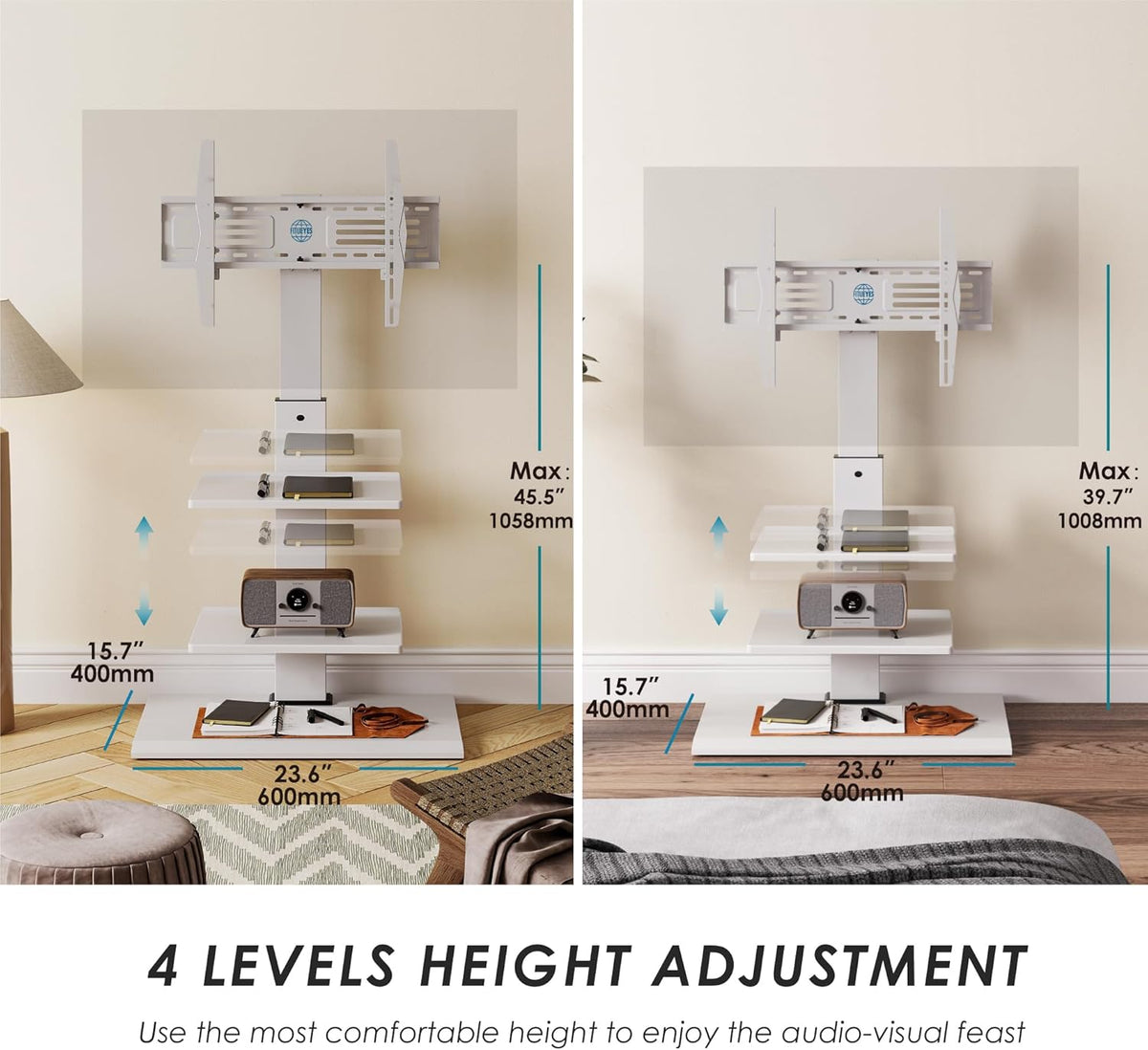Vloer TV standaard – TV standaard – TV vloerstandaard – TV stand – Vloermodel TV standaard – 32-75 inch, draaibaar, kantelbaar en in hoogte verstelbaar – Max. draagkracht 40 kg, VESA 200x200-600x400 mm, wit