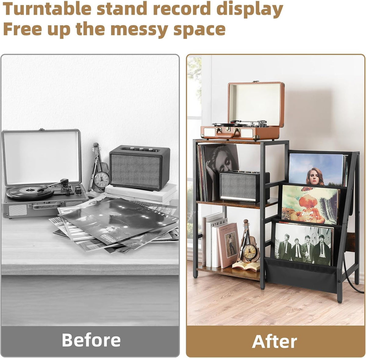 Platenspeler Standaard met Stopcontact, Eindtafel met 3 Niveaus Opslag voor Vinylplaten Platenspeler Tafel tot 200 Albums voor Vnyl Platen, Vinyl Platenhouder Kabinet voor de Woonkamer