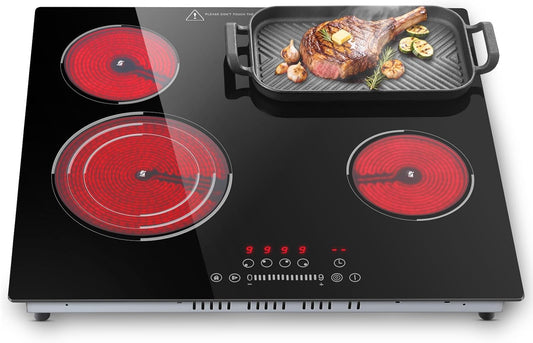 Keramische kookplaat, 4 platen, SNDOAS kookplaat 59 cm, inbouwkookplaat met stekker, 6700 W, 9 warmtestanden, 1-99 minuten timer, touch-control, automatische uitschakeling, kinderbeveiliging, matzwart