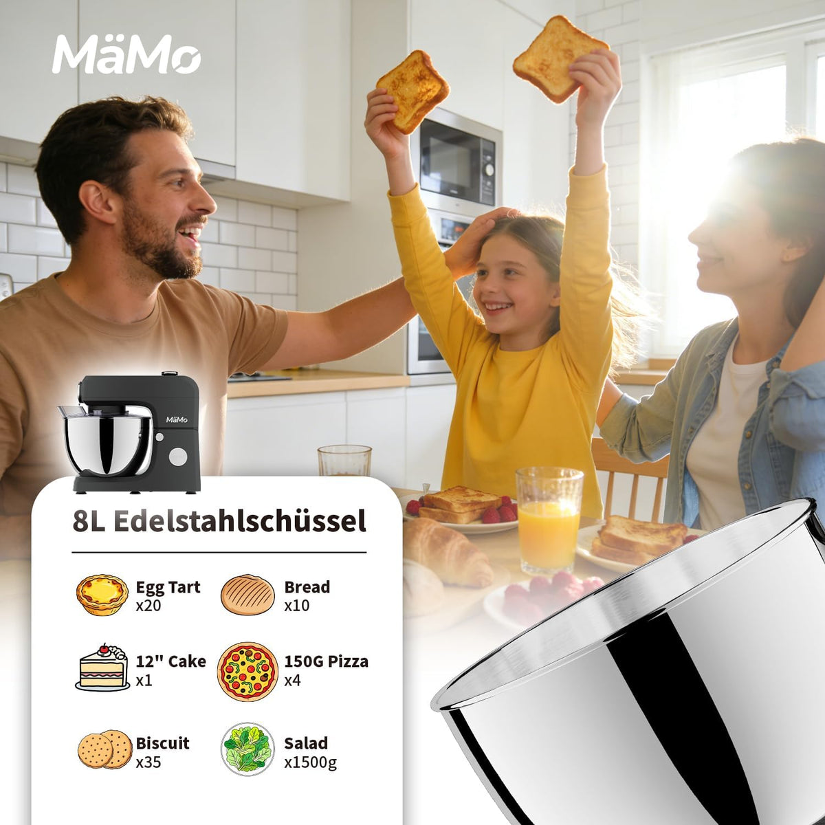 Keukenmachine met 1900 W – deegmachine, led-touchscreen, roerapparaat en mixer voor kneden, slagroom en vlees – 8 l roestvrijstalen kom, 11 snelheden, 6 programma's, 3-delige patisserieset