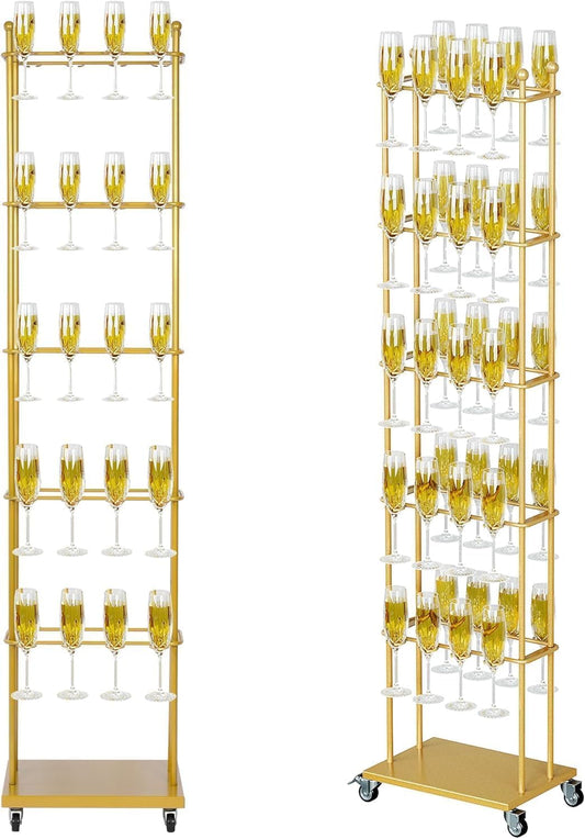 uyoyous Afneembare dranktoren, goudkleurig, champagne, 5 etages, biedt plaats aan 40 torens voor cocktails, flessenhouder met vier wielen, 1,3 m x 0,56 m x 0,3 m