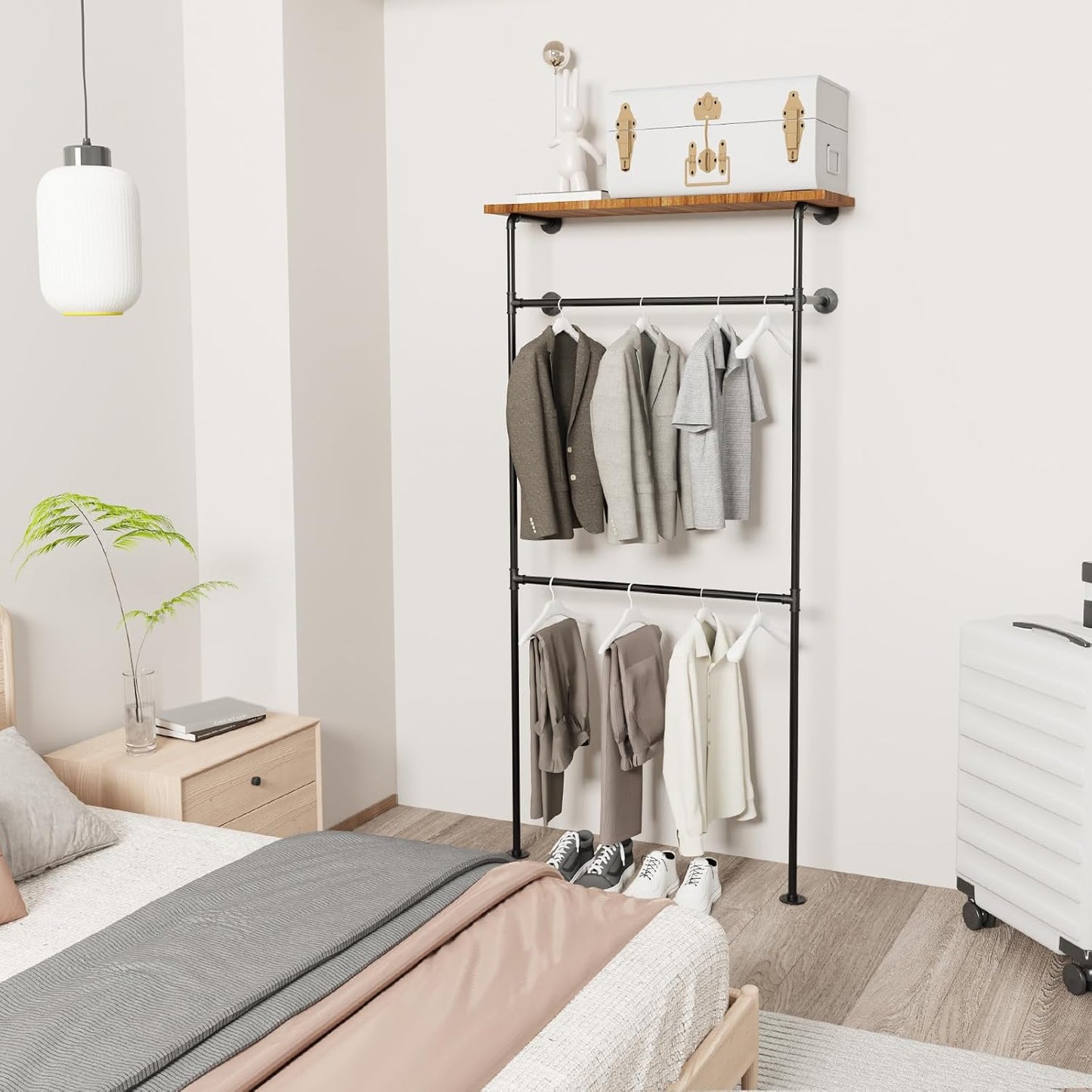 Kledingrek van metalen buis, moderne wandgarderobe, inloopkast, enkele zuil met twee lagen, 105 x 220 cm, zwart