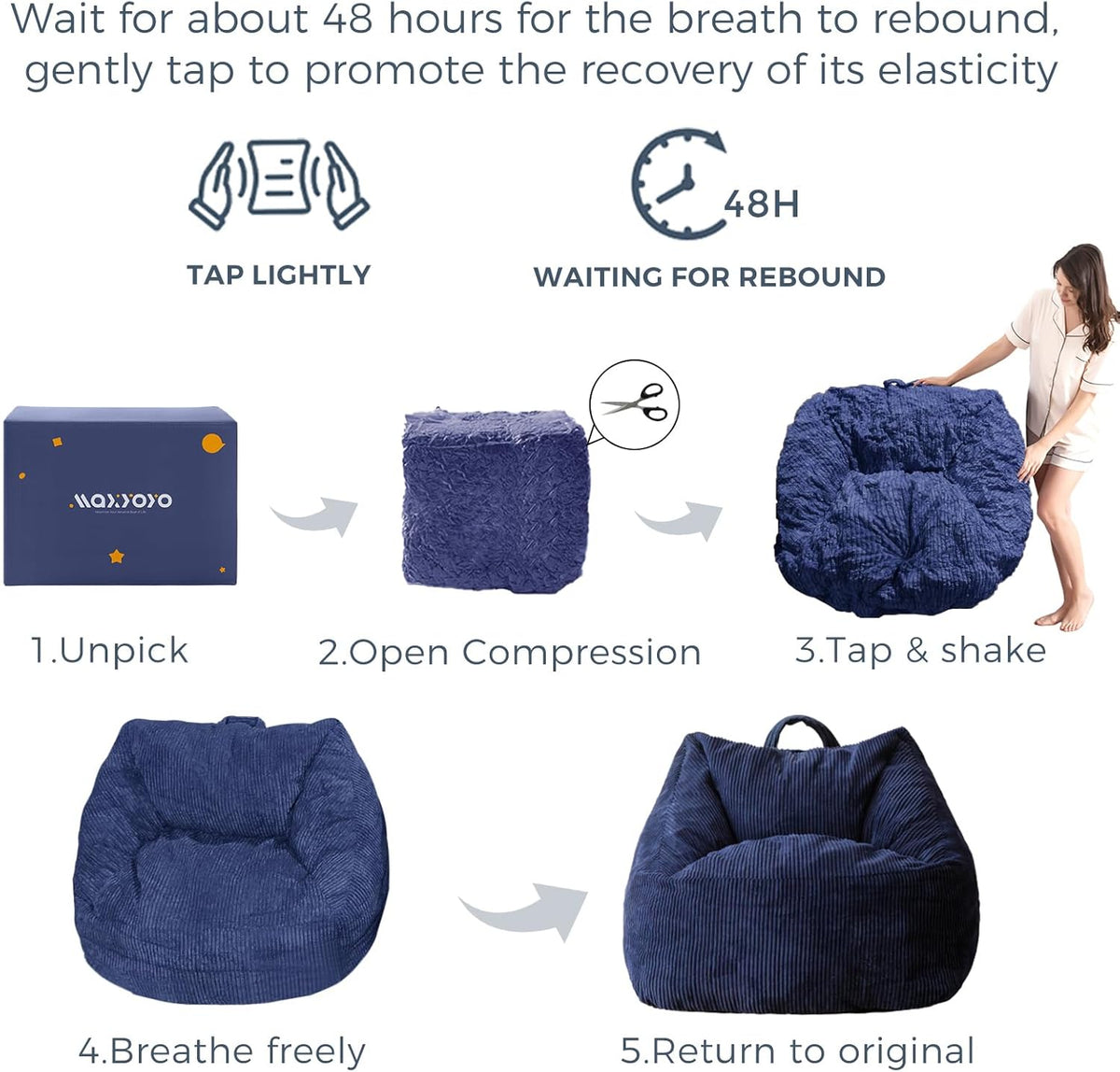 MAXYOYO Bean bag for adults, Corduroy bean bag with foam padding included, Lazy chair in the living room with handle for gaming, reading and relaxing