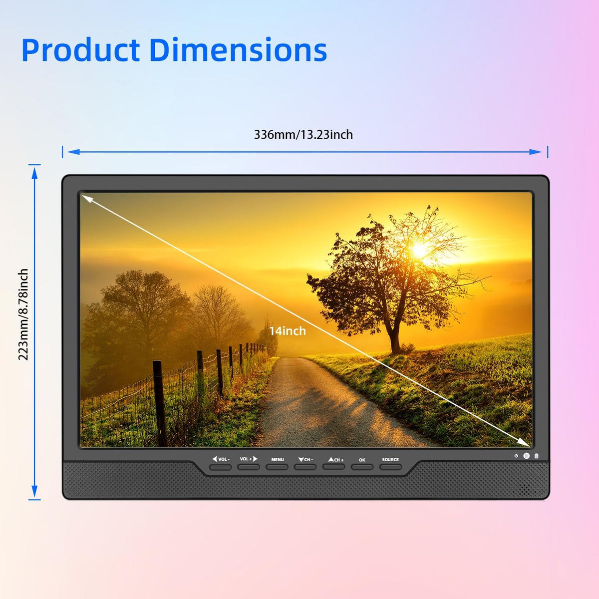 KCR 14" Met digitale TV tuner DVB-T2/batterij draagbare TV, USB, HDMI IN voor auto, caravan, camping, buiten. Kleur zwart