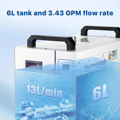Industriële Waterkoeler – Waterchiller – Chiller – Koudwaterinstallatie – Laserwaterkoeling Voor CO2-Lasermachines 60-150W – 6 Liter Tank – 4879 BTU/u – ±0,3°C Temperatuurregeling