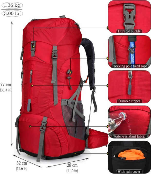 Wandelrugzak - Kampeertas - Trekking rugzak - Camping Essentials Tas - met Regenhoes - 70L - Lichtgewicht - Waterdichte - Nylon - Rood