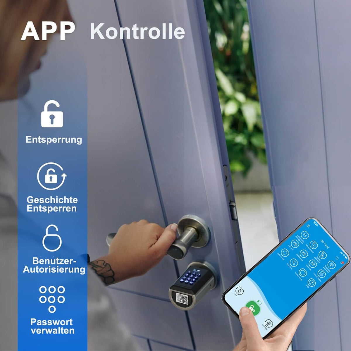 WELOCK PBL Elektronisch deurslot, deurslotcode met app, instelbare elektronische deursluitcilinder voor deurdiktes van 50-100 mm, elektronisch deurslot, huisdeur, zilver, SmartLock