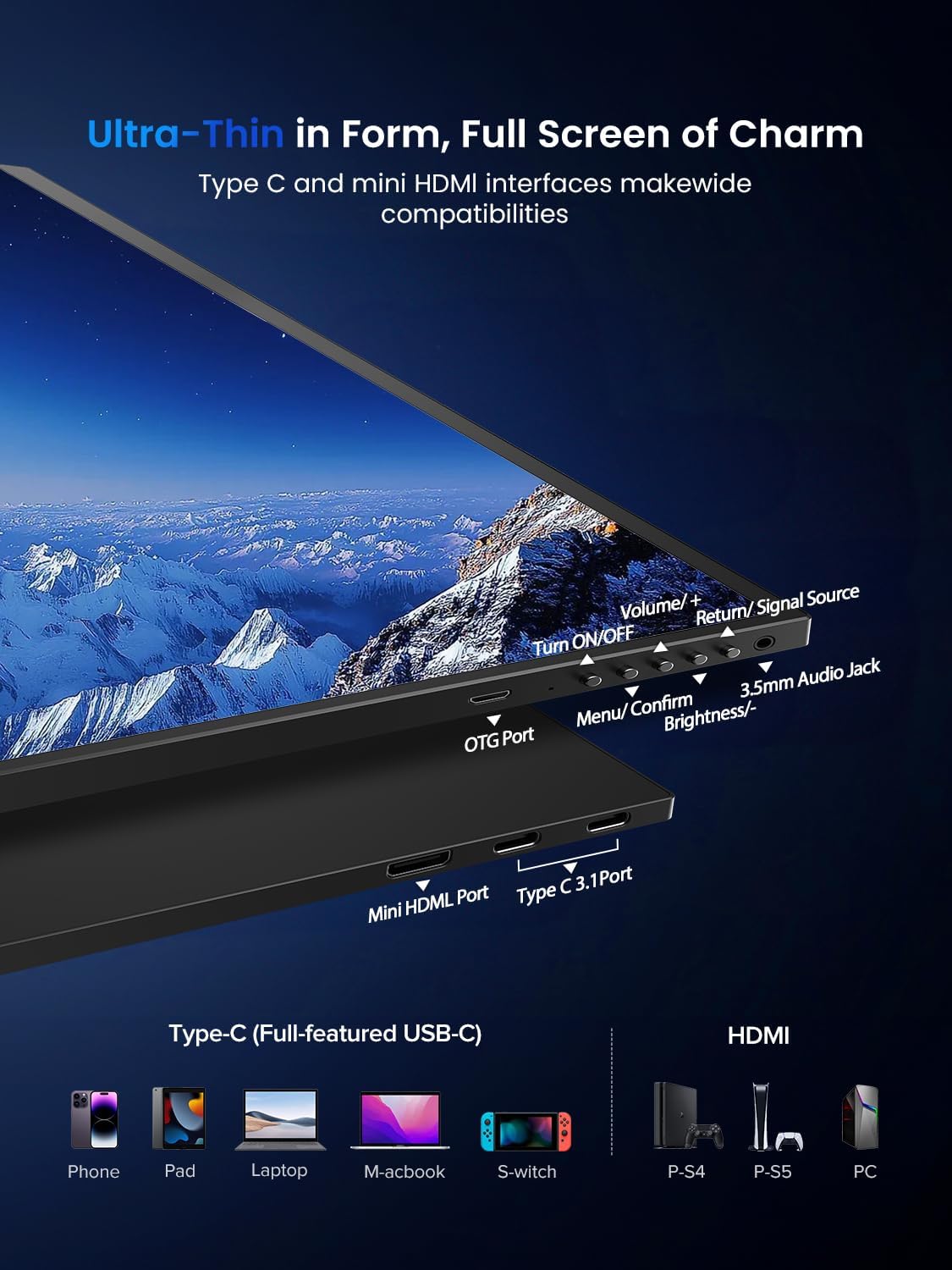 Draagbare Monitor QLED 4K 18.4 Inch EVICIV Mobiel Display met UHD 3840 * 2160 1500:1 IPS Scherm USB C Mini HDMI voor Laptop PC Xbo, VESA-monteerbaar