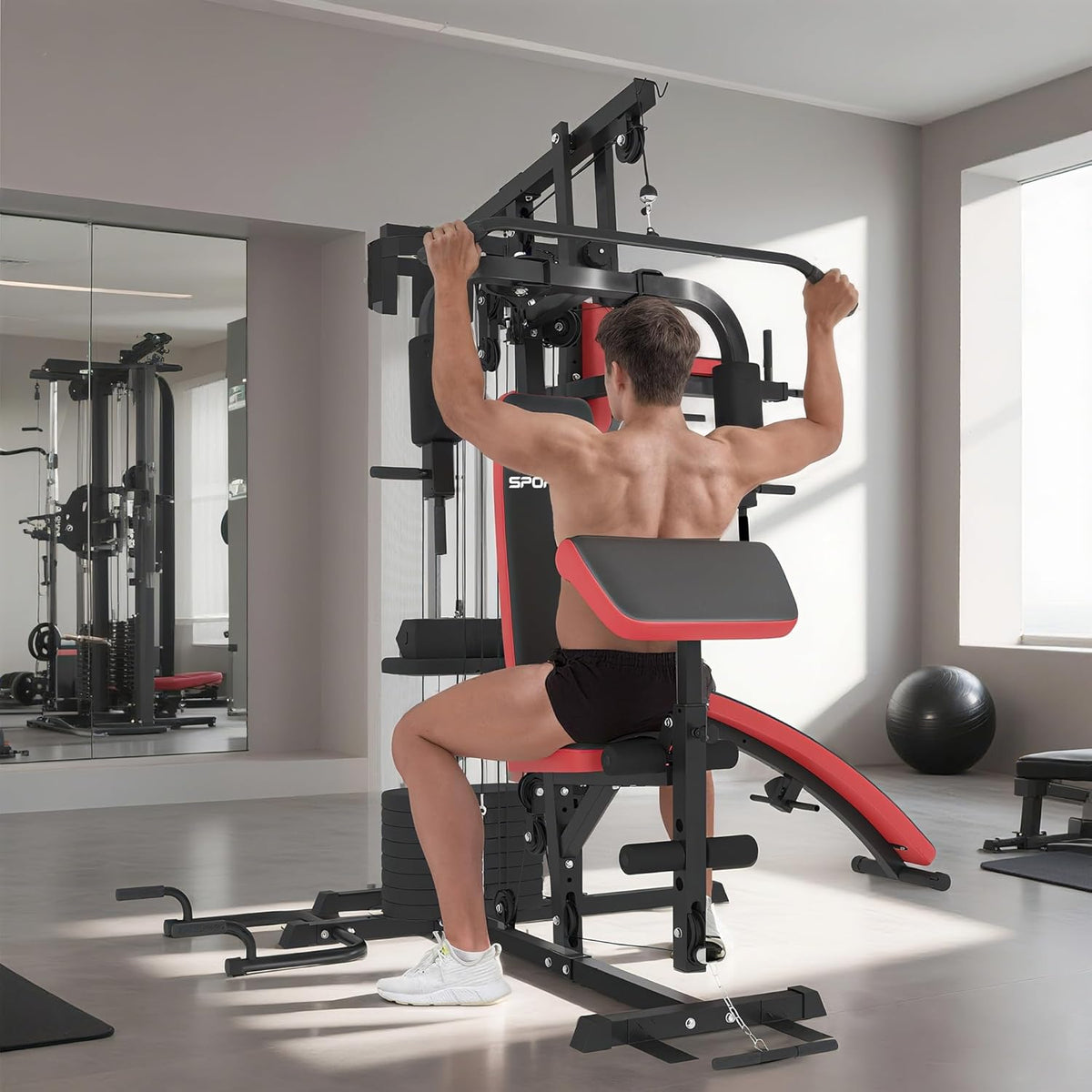 SPORTNOW Kraftstation,Multifunktionale Fitnessstation mit Butterfly- & Latzugstange,Curler, Brustpresse, Sit-Up-Bank, Fitnessgerät mit 65 kg Weightblöcken für Zuhause, Schwarz - QUORE