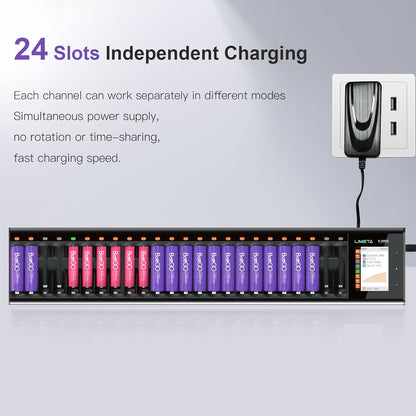 Batterijlader – Acculader – Oplaadstation – Batterijoplader – Intelligente Lader – Touchscreen Display – Refresh-functie – Snel Opladen – Geschikt Voor AA AAA NiMH NiCd Li-Ion – 24 Batterijen Gelijktijdig – DC-Adapter USB-C