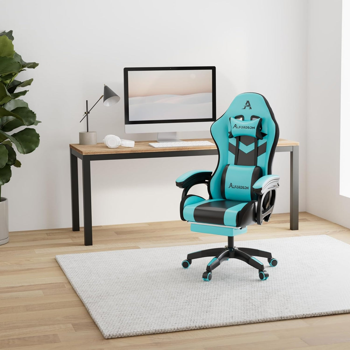 ALFORDSON Gaming Chair, Office Chair, Swivel Large Massage Chair with 8 Points, RGB LED Light, 12 Colours, Ergonomic with Footrest, Headrest and Lumbar Cushion, Cyan - QUORE