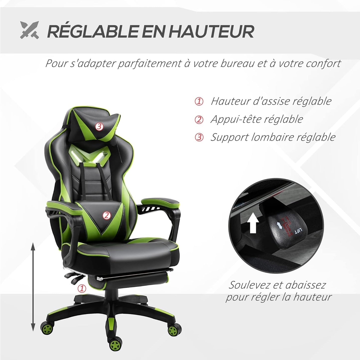 Vinsetto Ergonomic Gaming Chair, Comfortable Office Chair with Footrest, Headrest and Lumbar Cushion, Height Adjustable, Black and Green - QUORE
