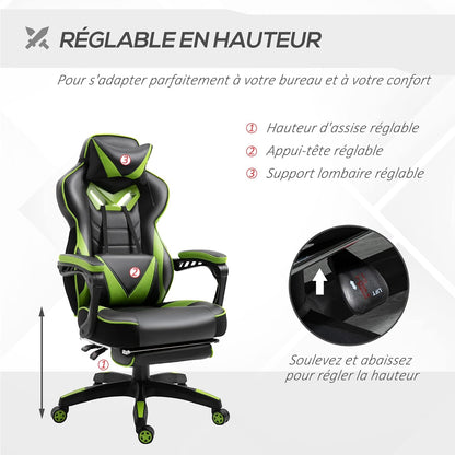 Vinsetto Ergonomic Gaming Chair, Comfortable Office Chair with Footrest, Headrest and Lumbar Cushion, Height Adjustable, Black and Green - QUORE