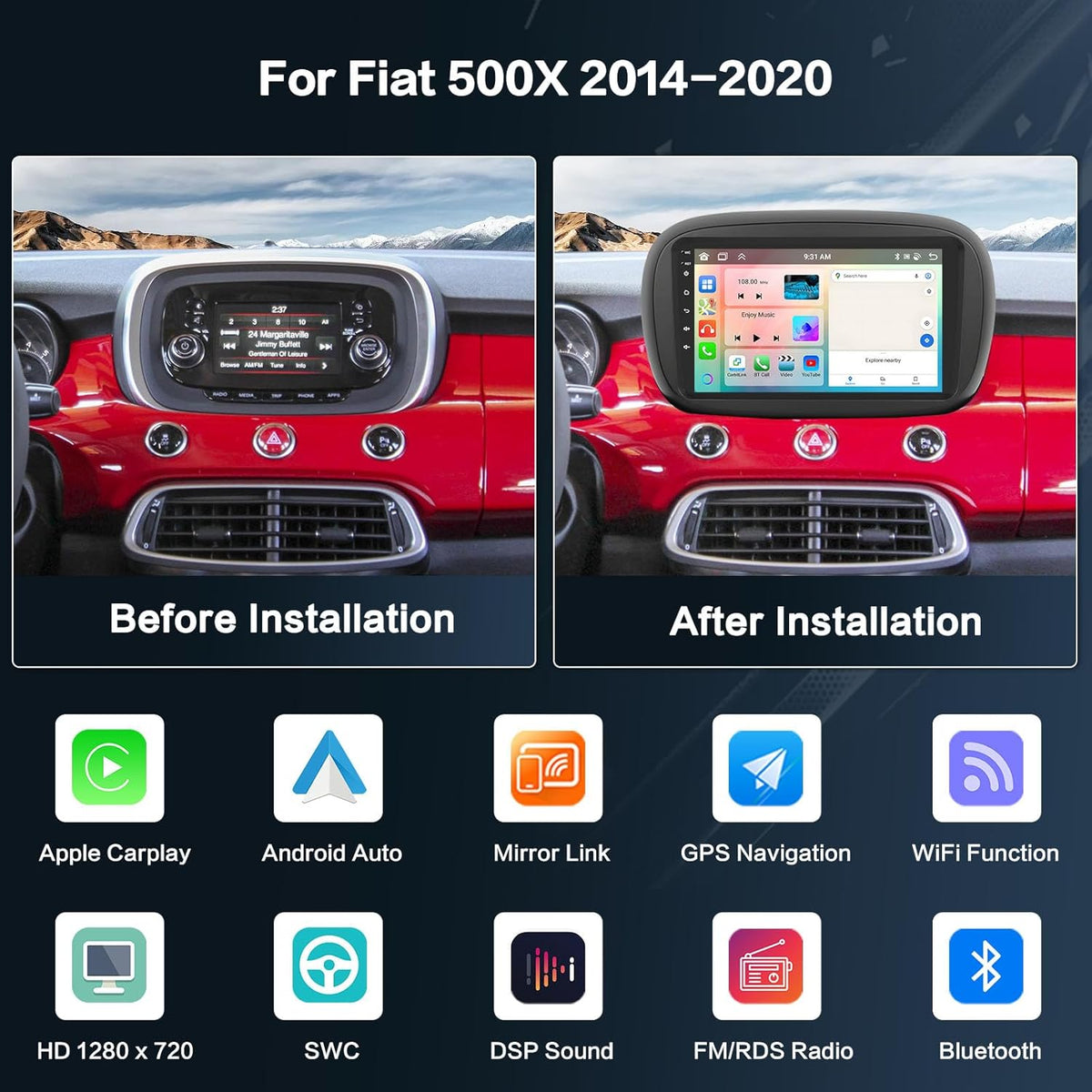 Inefala 8-Core 4+64GB Radio voor Fiat 500X 2014-2020 Android met Wireless CarPlay Android Auto, 9 Inch Stereo Touch Soporta Bluetooth WIFI 59UI 32 EQ DSP GPS Stuurwielbediening