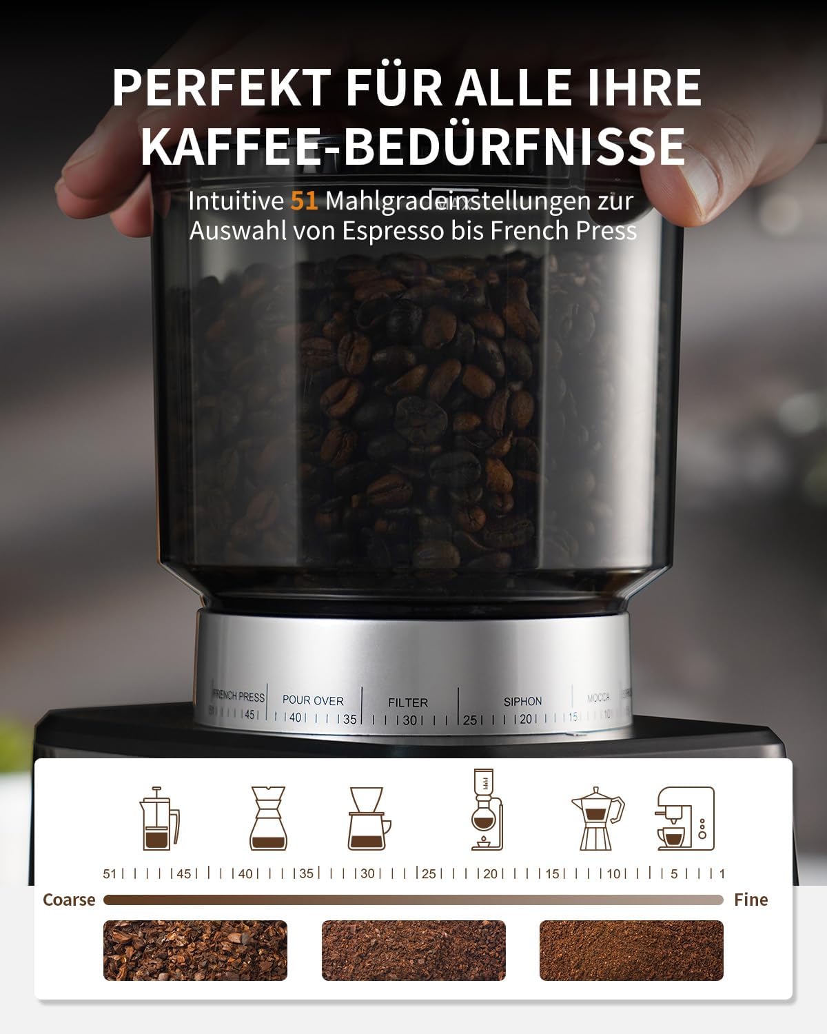 Elektrische Koffiemolen – Koffiemolen – Bonenmaler – Koffiegrinder – Koffiebonenmaler – 51 Maalstanden – Conisch RVS Maalwerk