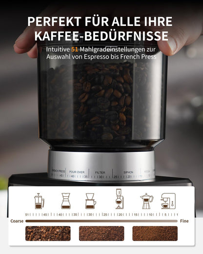 Elektrische Koffiemolen – Koffiemolen – Bonenmaler – Koffiegrinder – Koffiebonenmaler – 51 Maalstanden – Conisch RVS Maalwerk